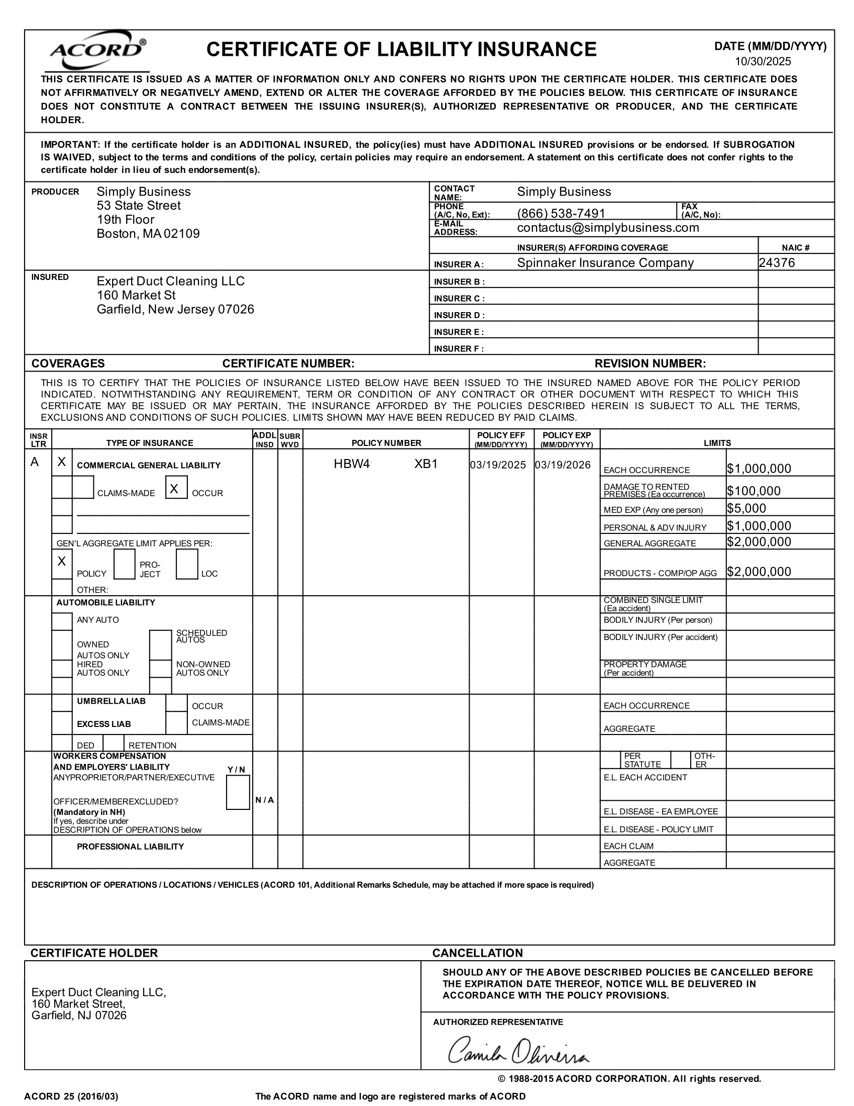 Certificate of Liability Insurance — Expert Duct Cleaning LLC, issued by Spinnaker Insurance Company. General Liability coverage $1,000,000 per occurrence / $2,000,000 aggregate, valid March 19, 2025 – March 19, 2026.