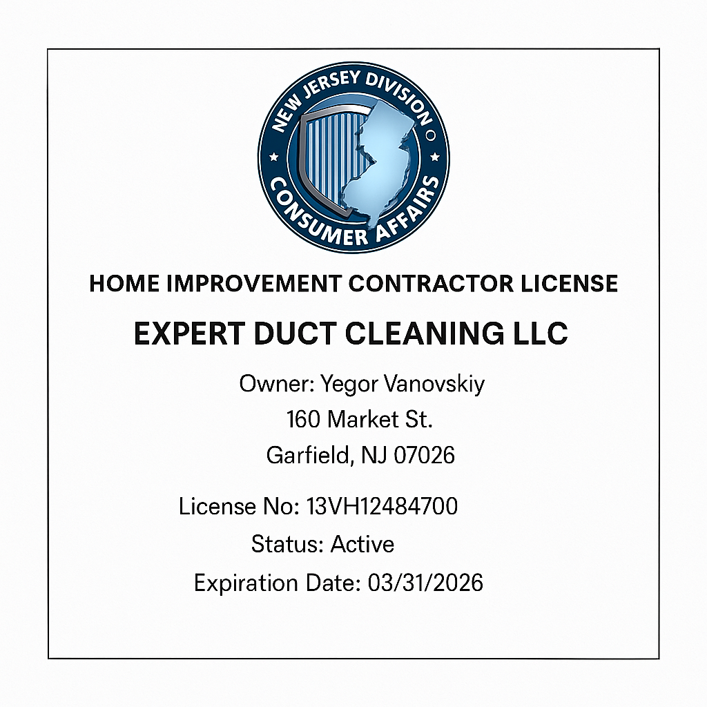 New Jersey Home Improvement Contractor License — Expert Duct Cleaning LLC (License #13VH12484700)